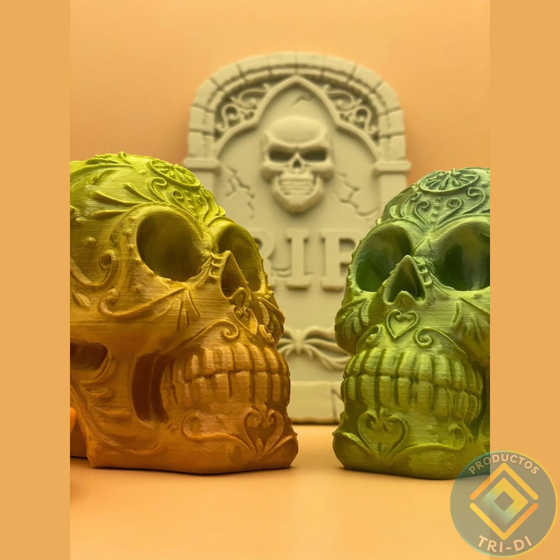 Pack Altar de Halloween - 1 Lápida, 2 Calaveras con diseño, 2 Porta Inciensos - Tri-Di Store